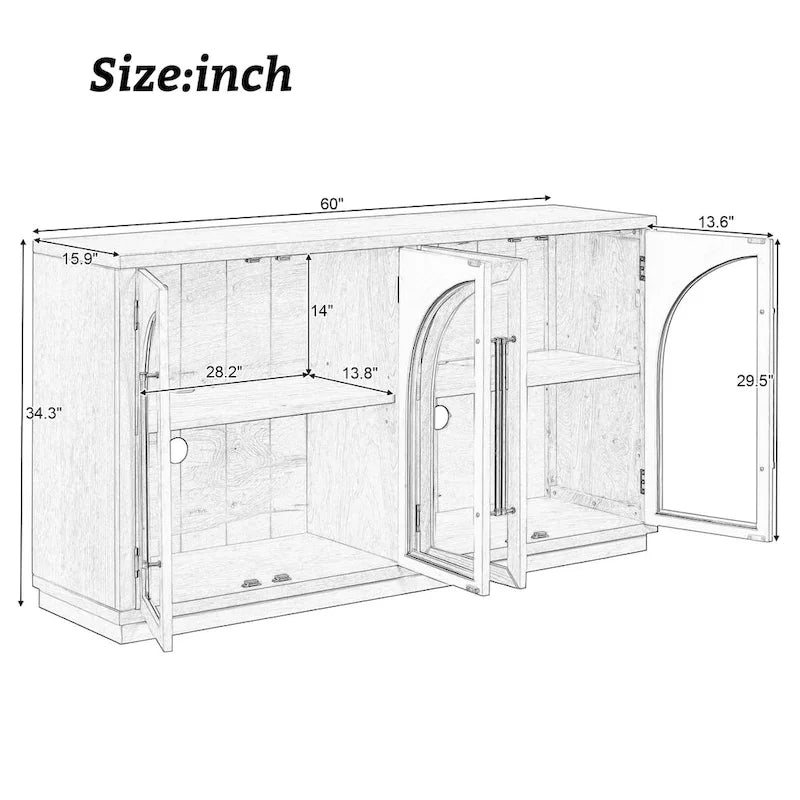 Grande credenza retrò a 4 ante con maniglie in metallo e ripiani regolabili per cucina, sala da pranzo e soggiorno