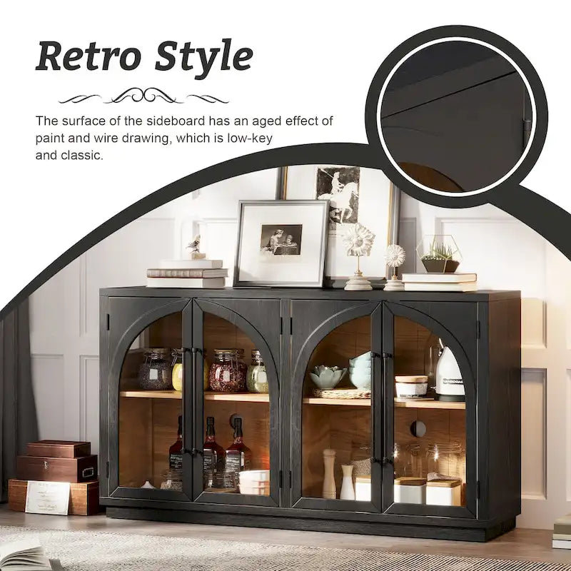 Grande credenza retrò a 4 ante con maniglie in metallo e ripiani regolabili per cucina, sala da pranzo e soggiorno