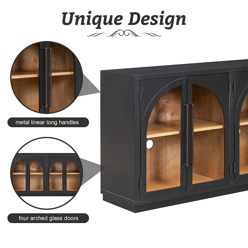 Grande credenza retrò a 4 ante con maniglie in metallo e ripiani regolabili per cucina, sala da pranzo e soggiorno