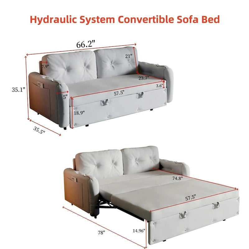 Divano letto queen size da 66" con materasso estraibile e sistema idraulico