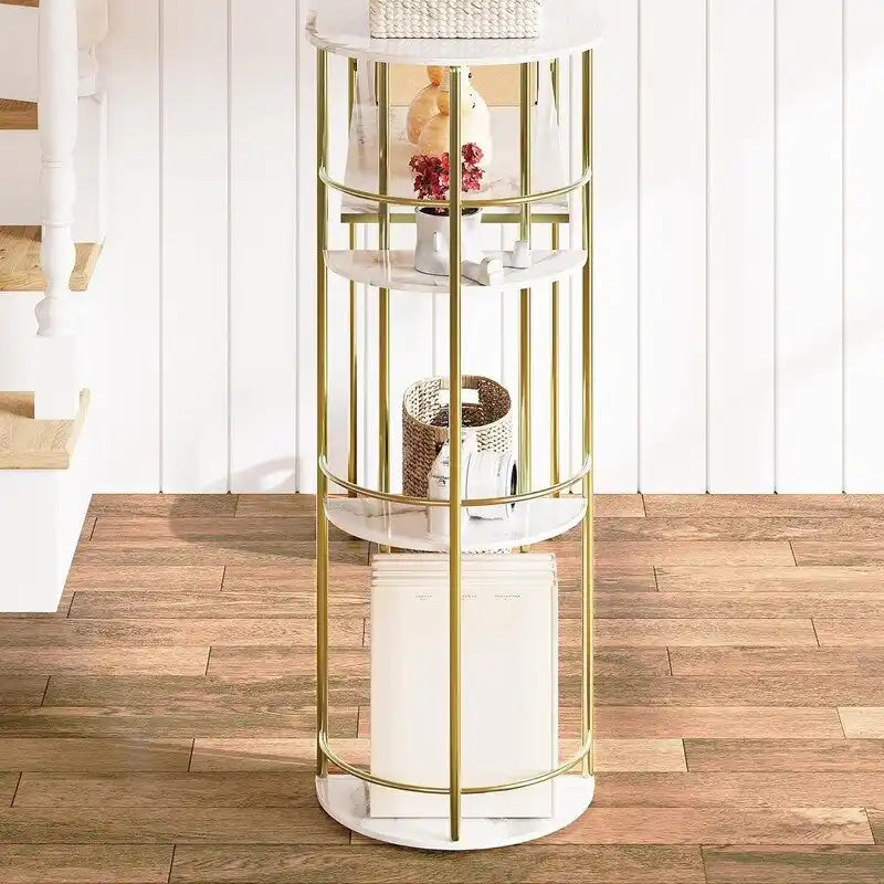 Console con finitura effetto marmo, struttura in metallo dorato e ripiani rotondi