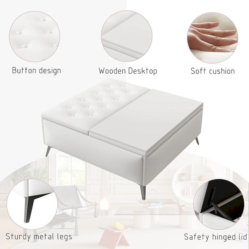 Pouf contenitore quadrato con piano sollevabile e tavolino da caffè da 35"