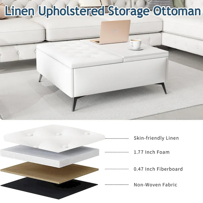 Pouf contenitore quadrato con piano sollevabile e tavolino da caffè da 35"