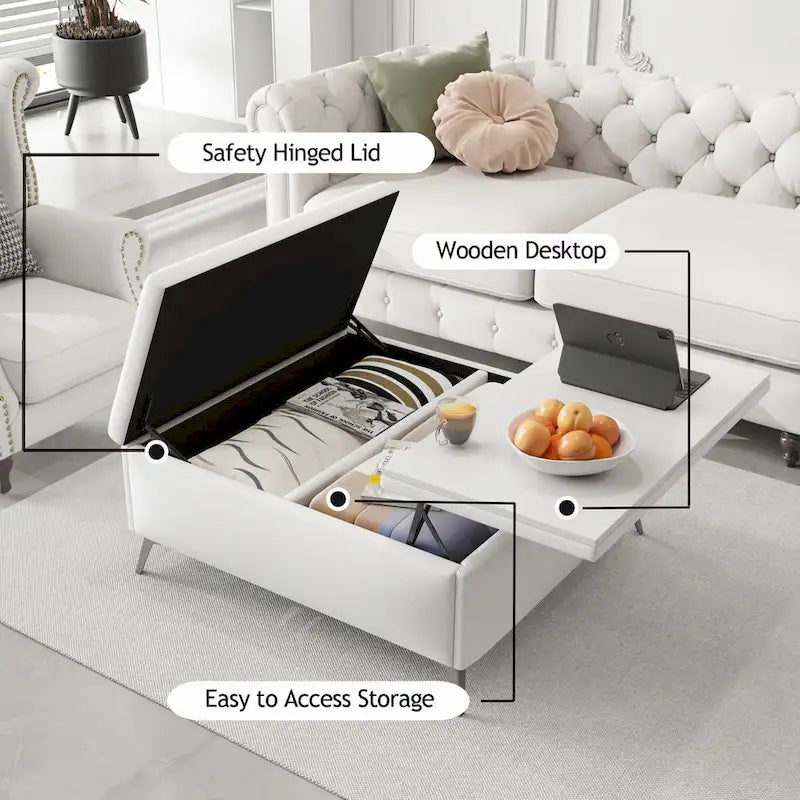 Pouf contenitore quadrato con piano sollevabile e tavolino da caffè da 35"